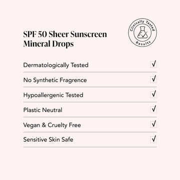 SPF 50 Sheer Sunscreen Mineral Drops with certification badge on a white background